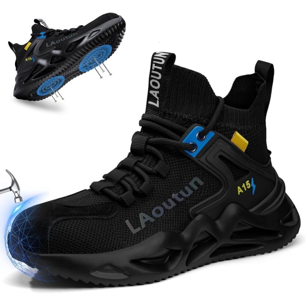 Men's Black Lightweight Comfortable Safety Shoes, Puncture Resistant Work Shoes